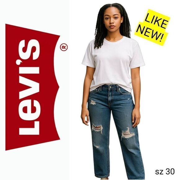 Levi's Denim - Levi's Ribcage Straight Ankle Buttonfly Ripped Torn Distressed Denim Blue Jeans